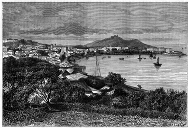 Vista de la Bahía de Macao. Grabado según un dibujo de Taylor, en "Le Tour du Monde, Nouveau journal des Voyages", editado por Edouard Charton, París