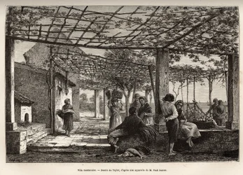 Villa Menton, grabado después del dibujo de Taylor, ilustrando el viaje de Menton y Bordighera, en 1871, por Adolphe Joanne, publicado en “Le tour du monde” 1874, editado por Edouard Charton, edición Hachette, París. Colección Selva
