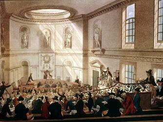India House, La Sala de Ventas, de Microcosm of London de Ackermann, grabado por Joseph Constantine Stadler, 1808