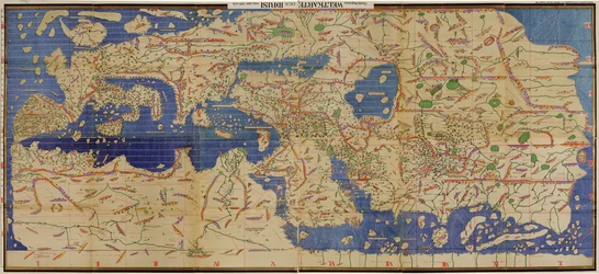Una copia de 1929 con los nombres traducidos a la escritura latina de la Tabula Rogeriana árabe de 1154, al revés con el norte orientado hacia arriba