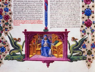 Friso de borde al pie de la página con San Mateo el Evangelista, Volumen II f 148, v, Biblia de Borso d