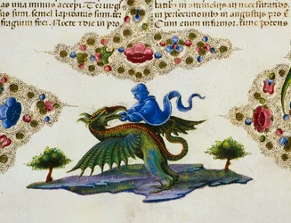 Friso de borde al pie de la página con figura de genio y monstruo alado, Volumen II f 198, v, Biblia de Borso d