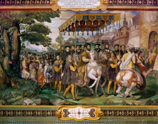 Francisco I recibiendo a Carlos V y al cardenal Alessio Farnese en París, por Taddeo Zuccari, Palazzo Farnese, Caprarola, Italia