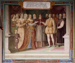 Italia, Región de Lacio, Caprarola (Provincia de Viterbo), Palacio Farnese, Matrimonio de Ottavio Farnese con Margarita de Austria por Taddeo Zuccari, fresco