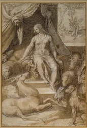 Circe sentada, los Argonautas hechizados transformados