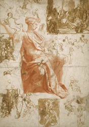 Hoja de Estudios para la Ceguera de Elymas, Sacrificio en Listra, y una Sagrada Familia, c.1558
