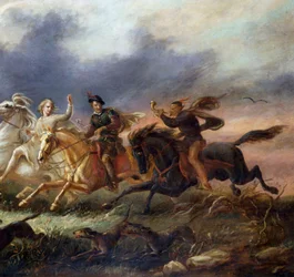 "Tres jinetes a caballo al galope, uno de ellos tocando el cuerno. Pintura de Tadeusz Brodowski (1821-1848) 1848 Colección particular