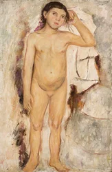 Desnudo de una niña con el brazo levantado