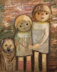 Dos niños con un perro