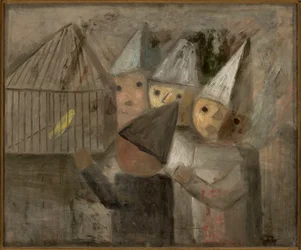 Niños ante una jaula con un canario