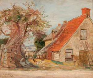 Paisaje con una casa y aves de corral