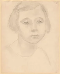 Busto de una niña de pelo corto y boca torcida