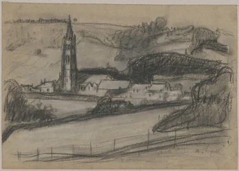 Vista de una pequeña ciudad con torre de iglesia