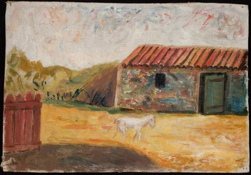 Granja rural con un potro blanco