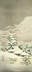 Escena en la nieve en Sawatari en el Distrito de Joshu, circa 1930, xilografía en forma de o-tanzaku, 38,1 x 17,1 cm, Civilización japonesa, período Meiji-Showa