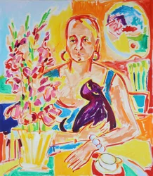 Autorretrato con un gato violeta, inspirado en Max Beckmann, óleo sobre lienzo, 2024
