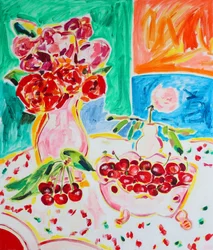 Rosas de colores vivos y cerezas frescas