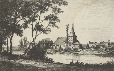 Ciudad con una iglesia al otro lado de un río, siglo XIX