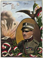 Alegoría sobre el Mayor Francesco Baracca (1888-1918) héroe de la Fuerza Aérea Italiana que murió en batalla en 1918. Dibujo de Tancredi Scarpelli. Milanés