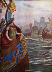 Antigüedad, Guerra Civil Romana: la reina Cleopatre VII Thea Philopator (69-30 a.C.) en la batalla de Actium en el Golfo Ambracico el 2 de septiembre de 31 a.C. contra la flota de Octava (Guerra Final de la República Romana, la reina Cleopatra durante la b