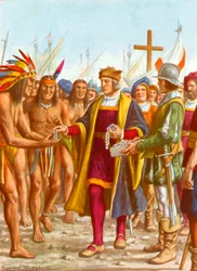 Colón embarcando en San Salvador distribuyendo cuentas, etc. a los nativos