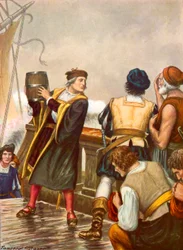 Colón en el regreso de su primer viaje arrojando un barril al mar