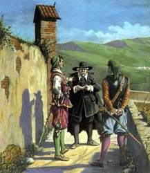 Don Abbondio encuentra a los valientes - ilustración para "Los amantes" de Alessandro Manzoni, éd. Nerbini, Florencia