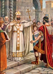 El emperador Teodosio prohibido por San Ambrosio de entrar a la catedral de Milán