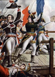 Primera campaña de Italia: Napoleón Bonaparte (1769-1821) en la batalla del puente de Arcole, noviembre de 1796" (Napoleón Bonaparte durante la batalla del puente de Arcole (Arcola), noviembre de 1796) Ilustración de Tancredi Scarpelli (1866-1937) de "Stor
