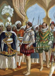 El navegante portugués Pedro Alvares Cabral (1460-1526) en la corte del rey (Zamorin) de Calicut (Kozhikode) el 13/09/1500 para negociar el establecimiento de un mostrador, India (el navegante portugués Pedro Alvares Cabral negociando con el Zamorin en Cal