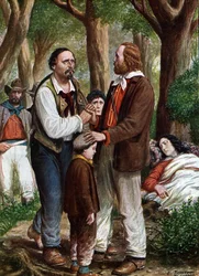 Risorgimento: Giuseppe Garibaldi Italian patriot (1807-1882) congedie Angelo Brunetti dit Ciceruacchio a la mort d