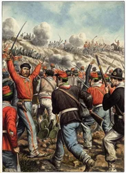 Risorgimento : representación de Giuseppe Garibaldi (1807-1882) durante una batalla - portada para "Garibaldi, Cronistoria illustrata dell