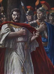 Antigüedad romana: "la muerte del emperador romano Caracalla, asesinado cerca de Harran el 8 de abril de 217, con una espada, por Martialis, uno de los oficiales de su guardia cercana" (El asesinato de Caracalla, emperador romano, por Julius Martialis, 217