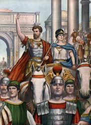 Antigüedad romana: El emperador Septimio Severo (145-211) regresa a Roma con su esposa Julia Domna (170-217) en 193 d.C." (El emperador romano Septimio Severo y su esposa Julia Domna entran en Roma