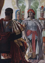 Antigüedad romana: The Imperator of Palmyra Septimia Bathzabbai Zenobie captured by Roman Emperor Aurelien, 272" (La reina del imperio palmirio Zenobia prisionera del emperador romano Aureliano, 272 d.C.) Ilustración de Tancredi Scarpelli (1866-1937) tomad