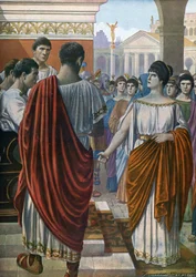 Antigüedad romana, Hortensia portavoz de los matrones romanos afectados por un impuesto especial, defiende su causa frente a los tiumviros en el 42 a.C. (Hortensia, líder de los matrones romanos afectados por un nuevo impuesto, aboga por ellos ante los tri