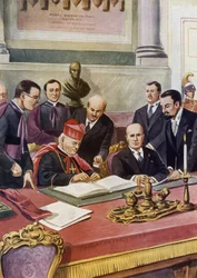Firma de los Acuerdos de Letrán (Patti lateranensi) entre el gobierno italiano (fascista) y el Santo Cerco Vaticano (San Cerco) que garantizan la soberanía del Papa en el Vaticano y formalizan la religión católica en Italia: Cardenal Pietro