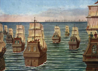 La batalla de Cannanor tuvo lugar en marzo de 1506 frente al puerto de Cannanore, en la India, entre la flota india de los Samorin de Calicut y una flota portuguesa al mando de Lourenco de Almeida, hijo del virrey Almeida) Ilustración de Tancredi Scarpelli