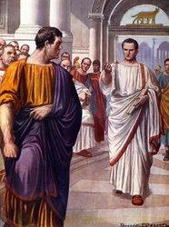 El estadista romano Cicerón (Marco Tulio Cicerón) (106-43 a.C.) cruza al conspirador Catilina (Lucio Sergio Catilina) (108-62 a.C.), a quien denuncia en 63 a.C. durante los discursos de las catilinarias. Ilustración de Tancredi Scarpelli (1866-1937)