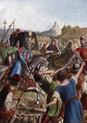El cortejo fúnebre del emperador Otón (Othón) III del Sacro Imperio (980-1002) lleva los restos a través de Italia hacia Aquisgrán luchando a su paso contra las poblaciones sublevadas (El féretro de Otón III, emperador del Sacro Imperio Romano Germánico, a
