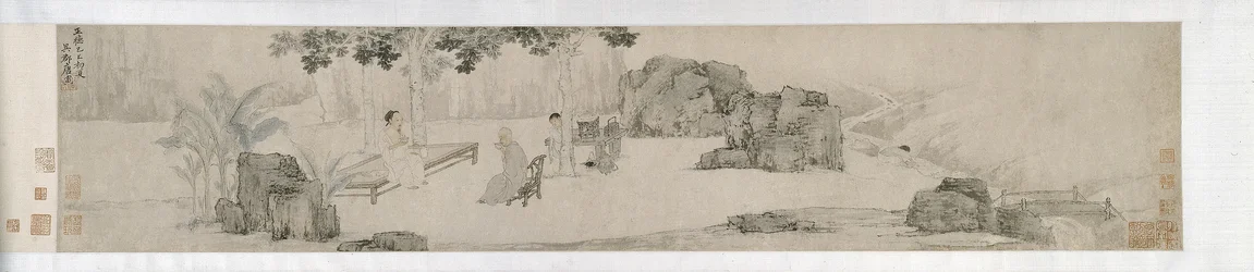 Bebiendo té bajo el árbol Wutong, dinastía Ming