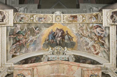 Cristo en gloria con San Gaudencio y en el arco Zacarías, Moisés y el Rey David