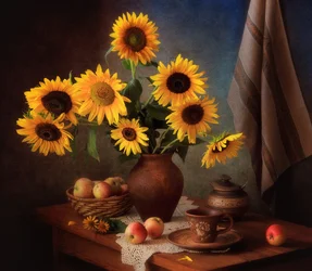 Naturaleza muerta con girasoles dorados