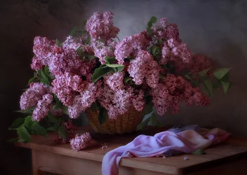 Naturaleza muerta romántica en tonos lila