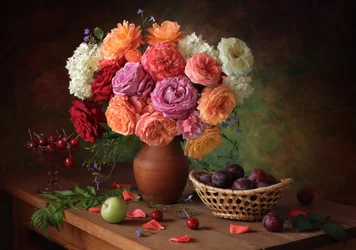 Rosas de colores vivos y fruta fresca