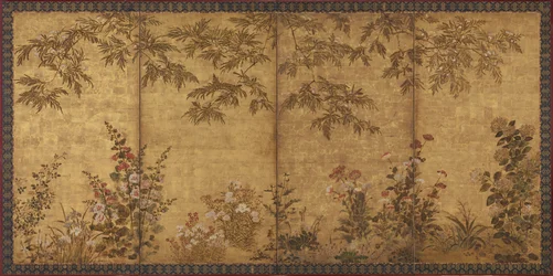 Árbol de mimosa, amapolas y otras flores de verano, período Edo, 1630-1670