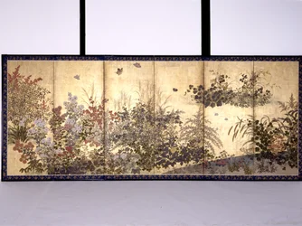 Flowers And Butterflies (tinta, color y pan de oro sobre papel)