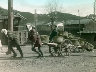 Campesinos japoneses tirando de sacos de arroz en un carro, circa 1900 - 1915 (fotografía)
