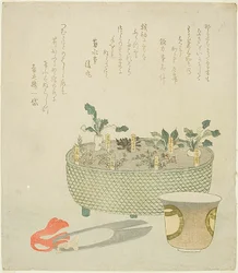 Las siete hierbas (Nanakusa), con tijeras y taza de té