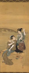 Dos bellas mujeres hacen una pausa en una tetería con vistas al puente de Azuma